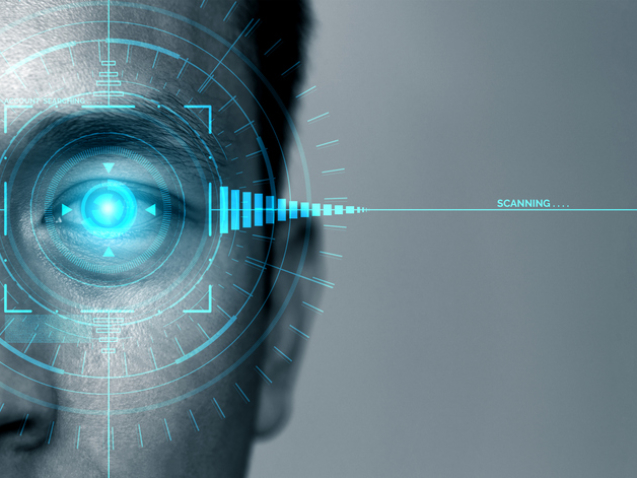 Future cyber security data protection by biometrics scanning with human eye to unlock and give access to private digital data. Futuristic technology innovation concept.